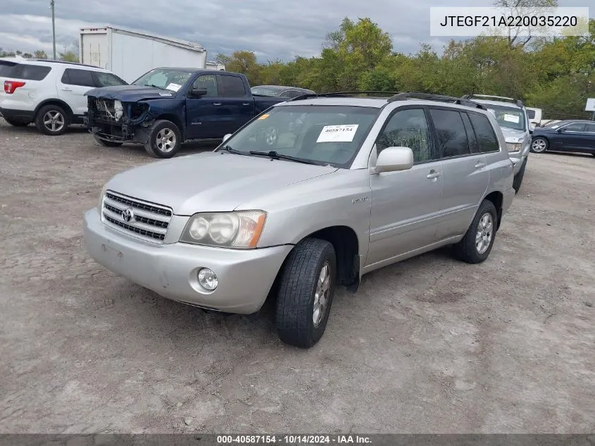 2002 Toyota Highlander Limited V6 VIN: JTEGF21A220035220 Lot: 40587154