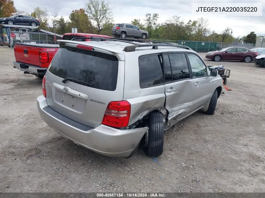 2002 Toyota Highlander Limited V6 VIN: JTEGF21A220035220 Lot: 40587154