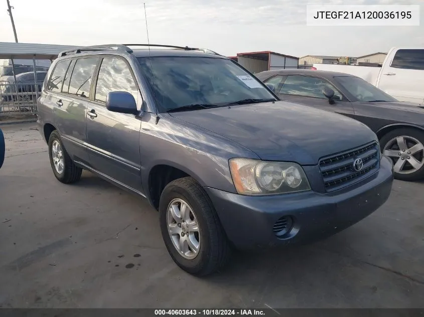 2002 Toyota Highlander V6 VIN: JTEGF21A120036195 Lot: 40603643