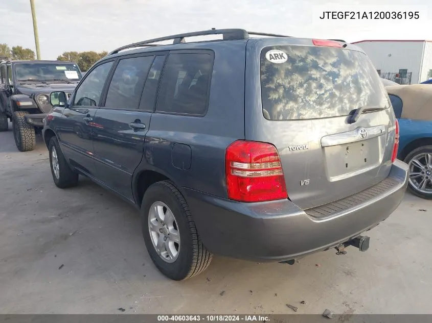 2002 Toyota Highlander V6 VIN: JTEGF21A120036195 Lot: 40603643