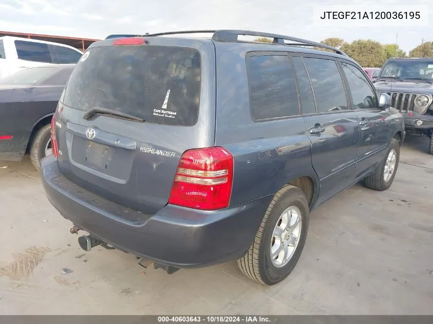 2002 Toyota Highlander V6 VIN: JTEGF21A120036195 Lot: 40603643