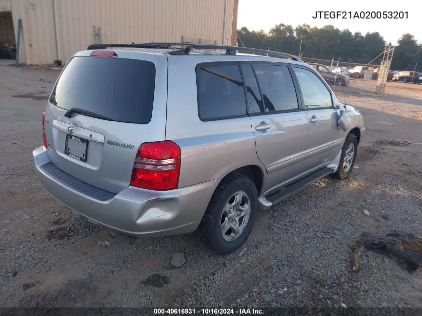 2002 Toyota Highlander V6 VIN: JTEGF21A020053201 Lot: 40616931