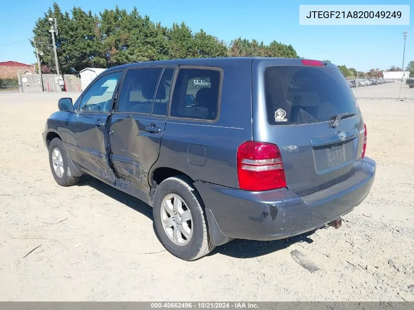 2002 Toyota Highlander V6 VIN: JTEGF21A820049249 Lot: 40662496