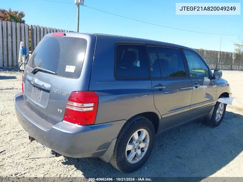 2002 Toyota Highlander V6 VIN: JTEGF21A820049249 Lot: 40662496