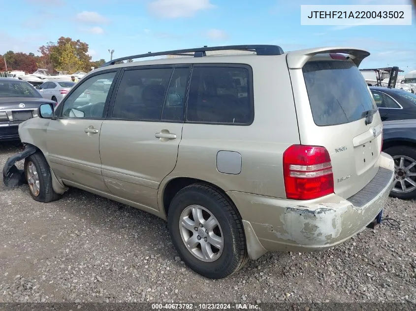 2002 Toyota Highlander V6 VIN: JTEHF21A220043502 Lot: 40673792