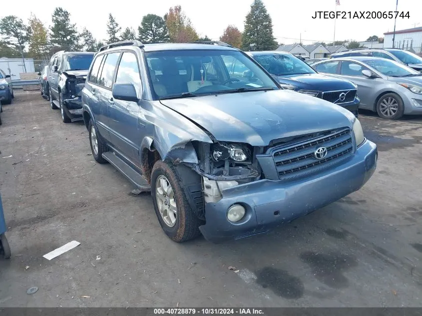 2002 Toyota Highlander Limited V6 VIN: JTEGF21AX20065744 Lot: 40728879