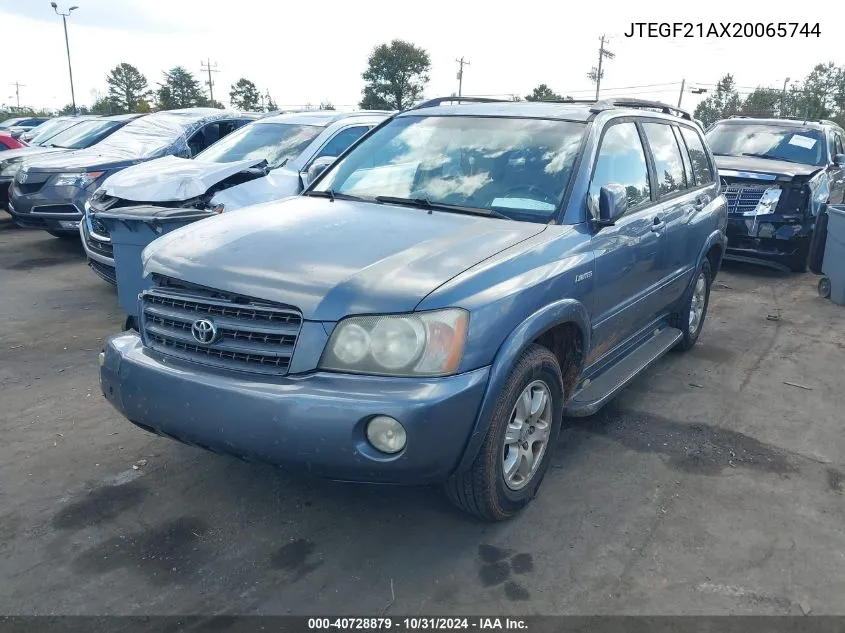 2002 Toyota Highlander Limited V6 VIN: JTEGF21AX20065744 Lot: 40728879