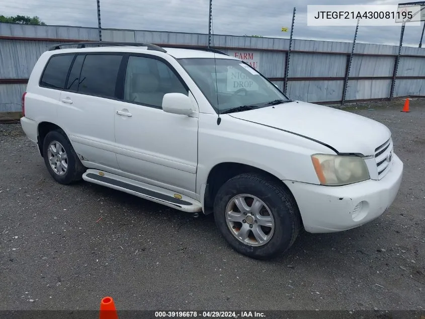 JTEGF21A430081195 2003 Toyota Highlander V6 (A4)