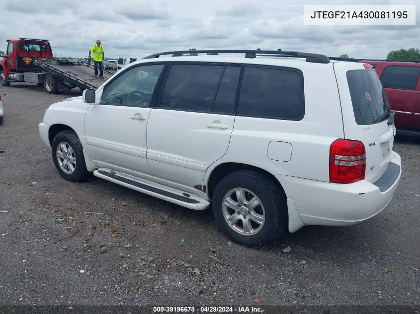 2003 Toyota Highlander V6 (A4) VIN: JTEGF21A430081195 Lot: 39196678