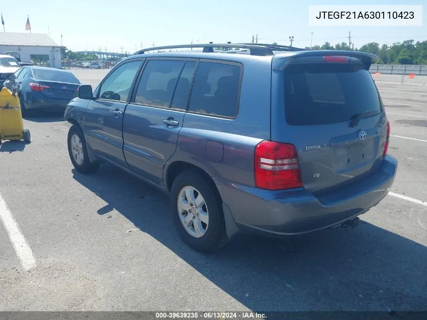 2003 Toyota Highlander V6 VIN: JTEGF21A630110423 Lot: 39639235