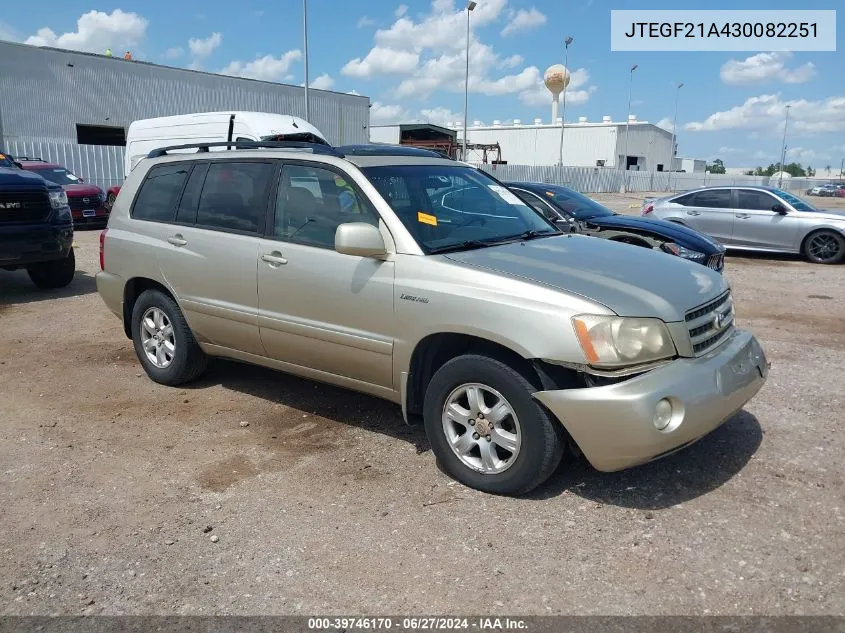 2003 Toyota Highlander Limited V6 VIN: JTEGF21A430082251 Lot: 39746170