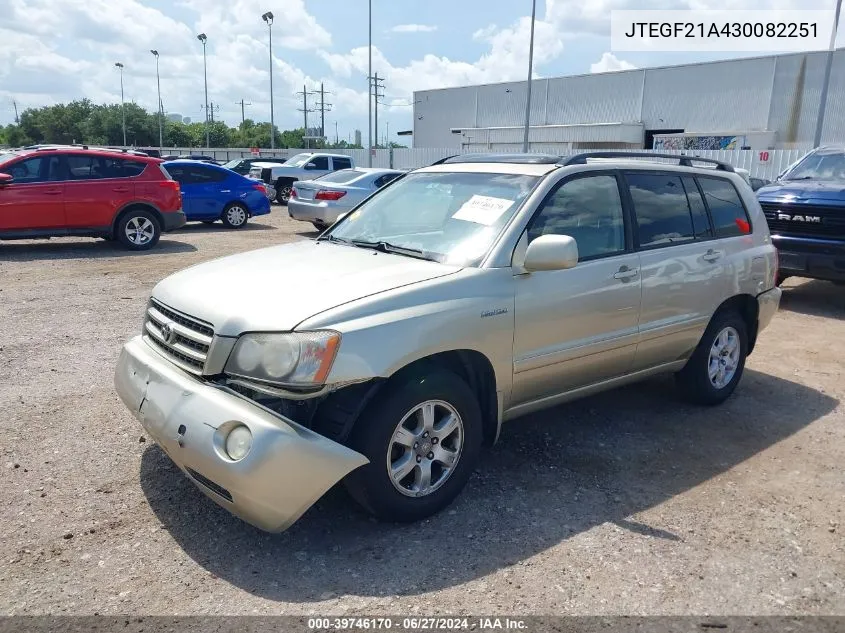 2003 Toyota Highlander Limited V6 VIN: JTEGF21A430082251 Lot: 39746170