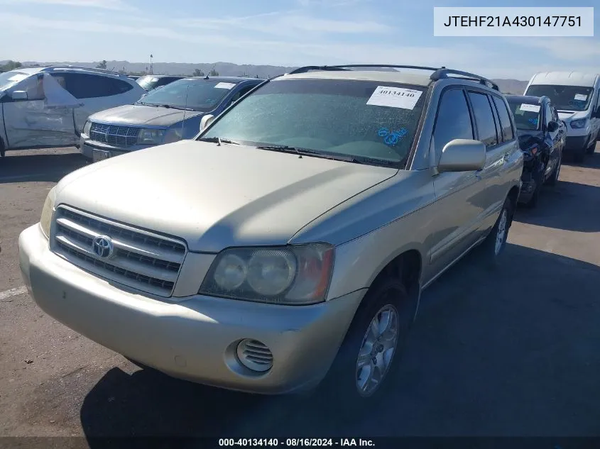 2003 Toyota Highlander V6 VIN: JTEHF21A430147751 Lot: 40134140