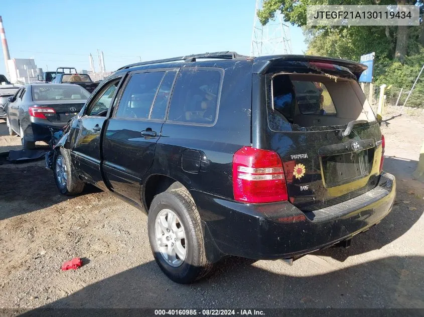 2003 Toyota Highlander V6 VIN: JTEGF21A130119434 Lot: 40160985