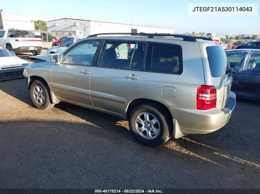 2003 Toyota Highlander V6 VIN: JTEGF21A530114043 Lot: 40170214