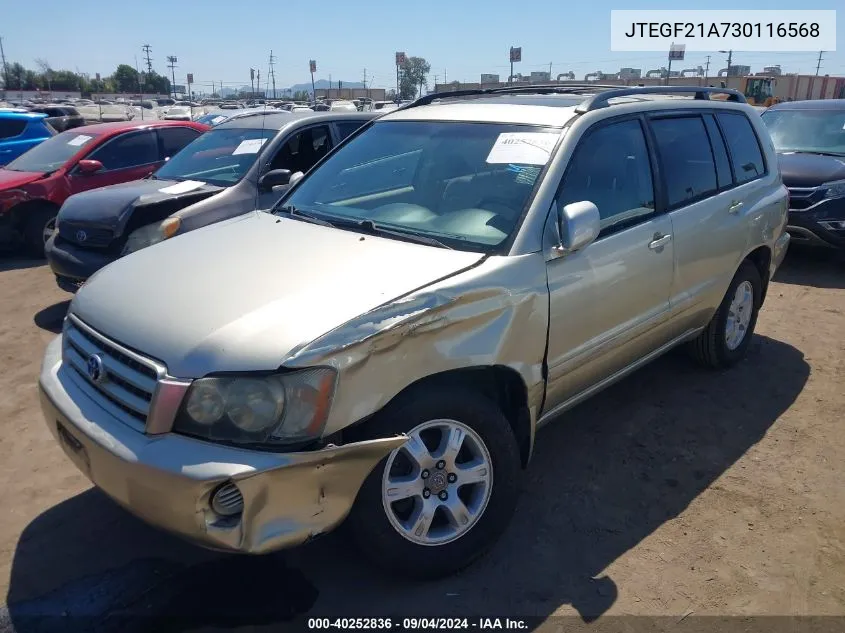 2003 Toyota Highlander V6 VIN: JTEGF21A730116568 Lot: 40252836