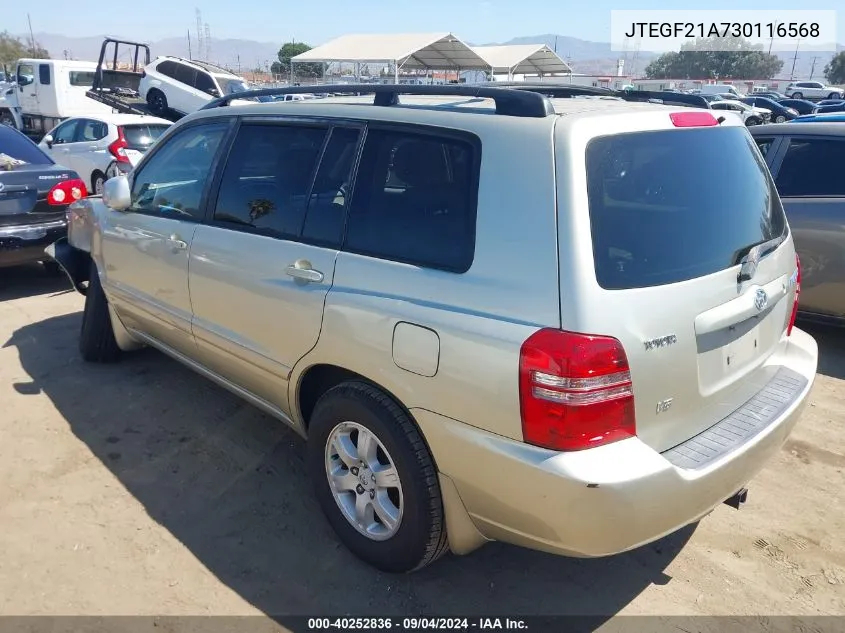 2003 Toyota Highlander V6 VIN: JTEGF21A730116568 Lot: 40252836