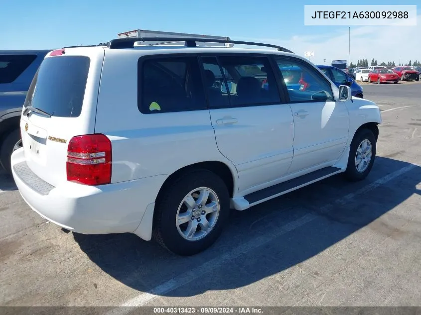 2003 Toyota Highlander V6 VIN: JTEGF21A630092988 Lot: 40313423