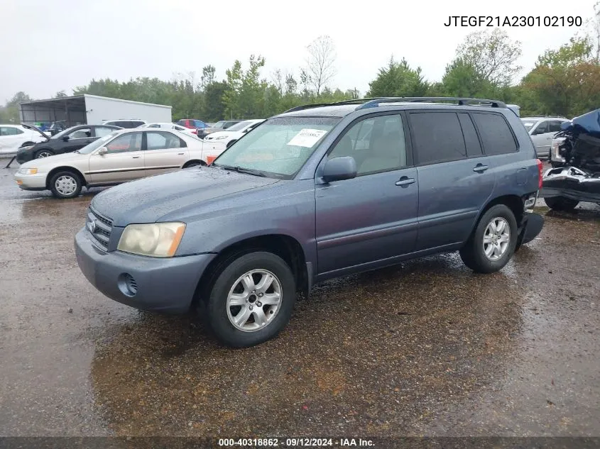 2003 Toyota Highlander Limited VIN: JTEGF21A230102190 Lot: 40318862