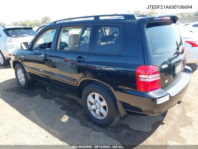 2003 Toyota Highlander Limited V6 VIN: JTEGF21A630106694 Lot: 40343958