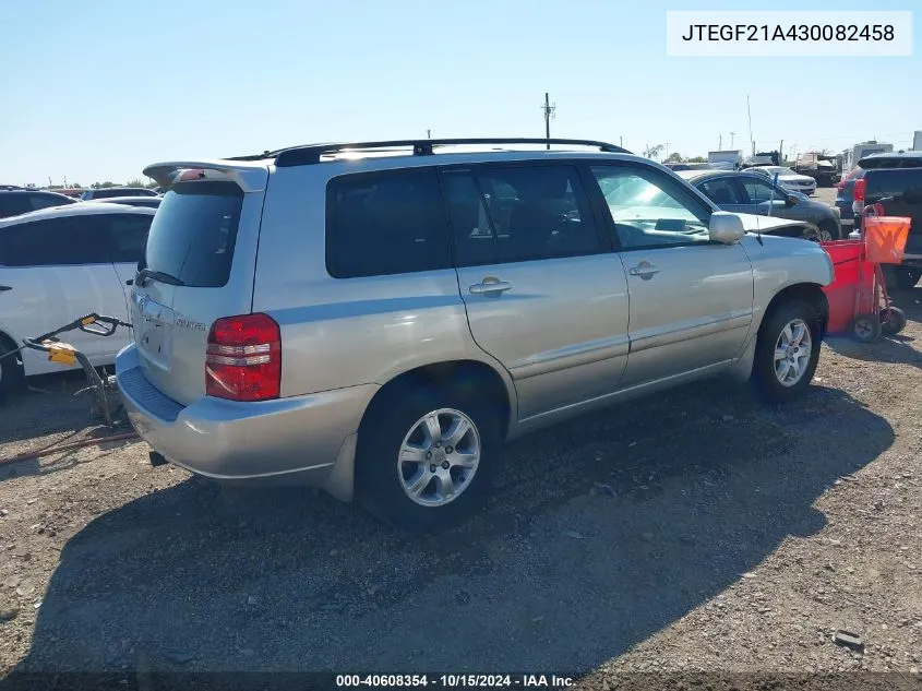 2003 Toyota Highlander V6 VIN: JTEGF21A430082458 Lot: 40608354