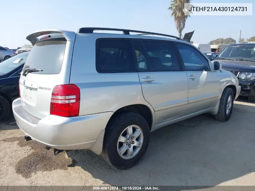 2003 Toyota Highlander V6 VIN: JTEHF21A430124731 Lot: 40612874