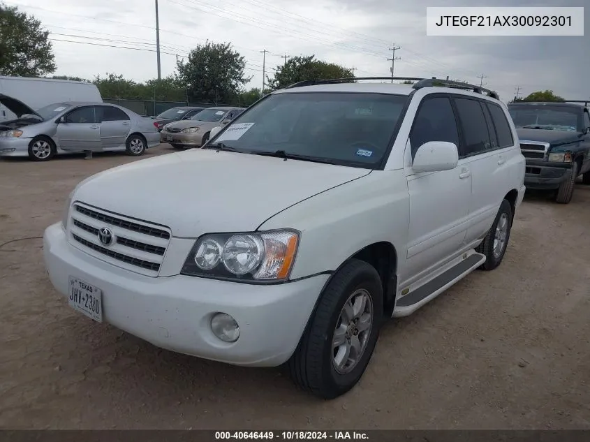 2003 Toyota Highlander Limited V6 VIN: JTEGF21AX30092301 Lot: 40646449