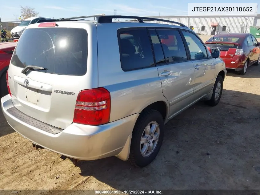 2003 Toyota Highlander V6 VIN: JTEGF21AX30110652 Lot: 40661993