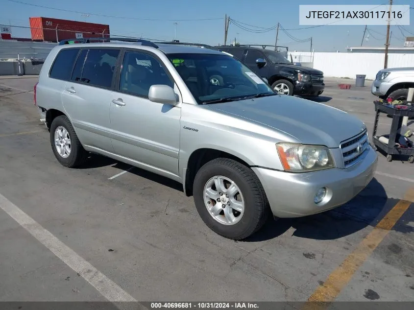 2003 Toyota Highlander Limited V6 VIN: JTEGF21AX30117116 Lot: 40696681