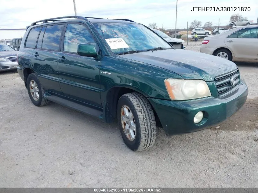 2003 Toyota Highlander Limited V6 VIN: JTEHF21A330121870 Lot: 40762105