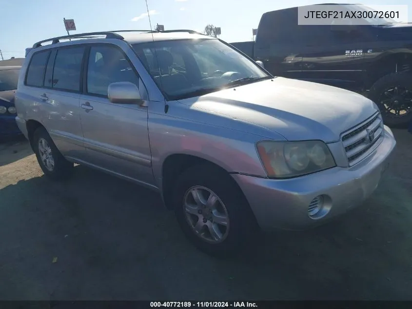 2003 Toyota Highlander V6 VIN: JTEGF21AX30072601 Lot: 40772189