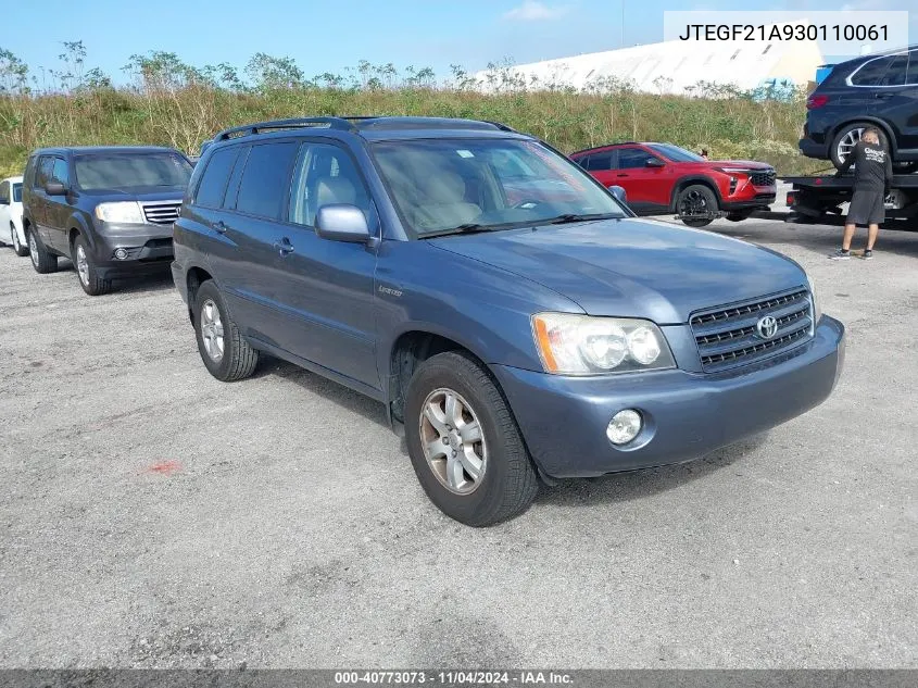 2003 Toyota Highlander Limited V6 VIN: JTEGF21A930110061 Lot: 40773073