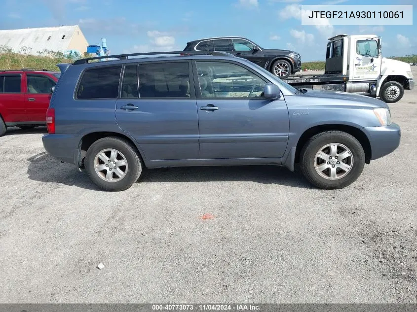 2003 Toyota Highlander Limited V6 VIN: JTEGF21A930110061 Lot: 40773073