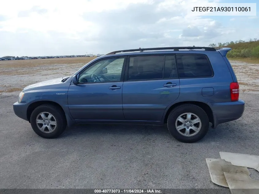 2003 Toyota Highlander Limited V6 VIN: JTEGF21A930110061 Lot: 40773073