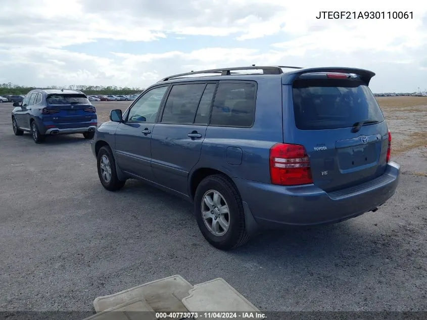 2003 Toyota Highlander Limited V6 VIN: JTEGF21A930110061 Lot: 40773073