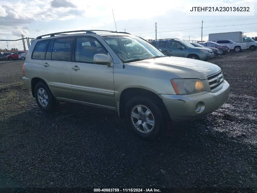 2003 Toyota Highlander V6 VIN: JTEHF21A230136232 Lot: 40883759