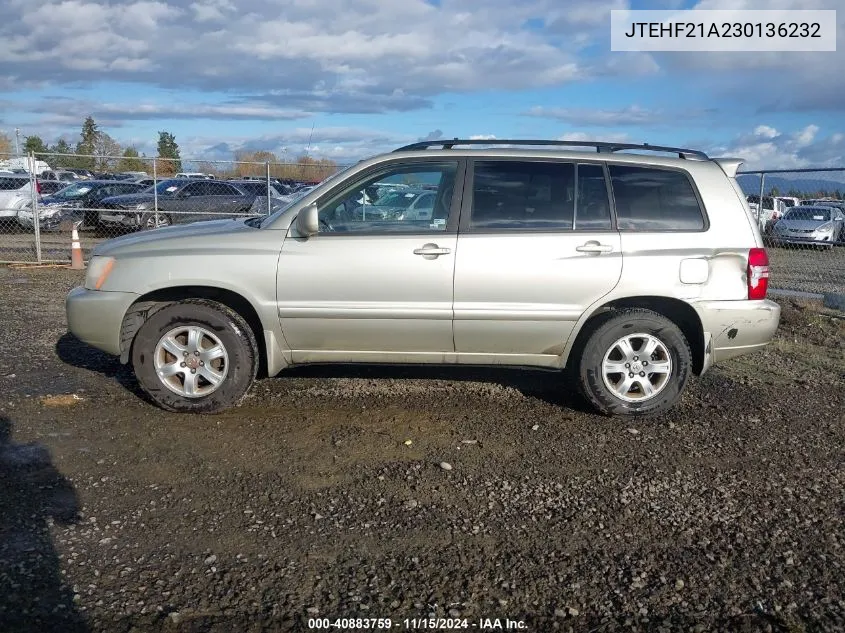 2003 Toyota Highlander V6 VIN: JTEHF21A230136232 Lot: 40883759