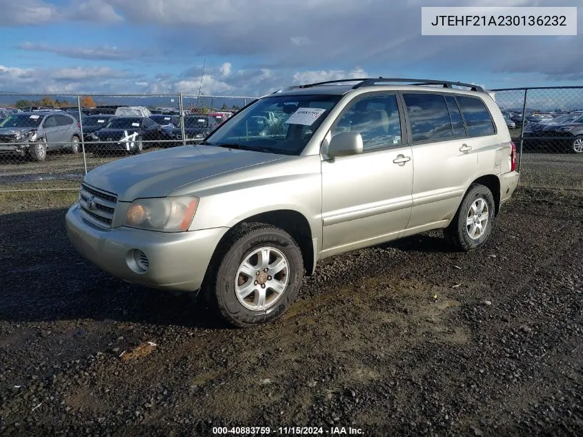 2003 Toyota Highlander V6 VIN: JTEHF21A230136232 Lot: 40883759