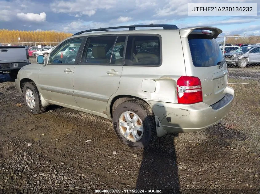 2003 Toyota Highlander V6 VIN: JTEHF21A230136232 Lot: 40883759