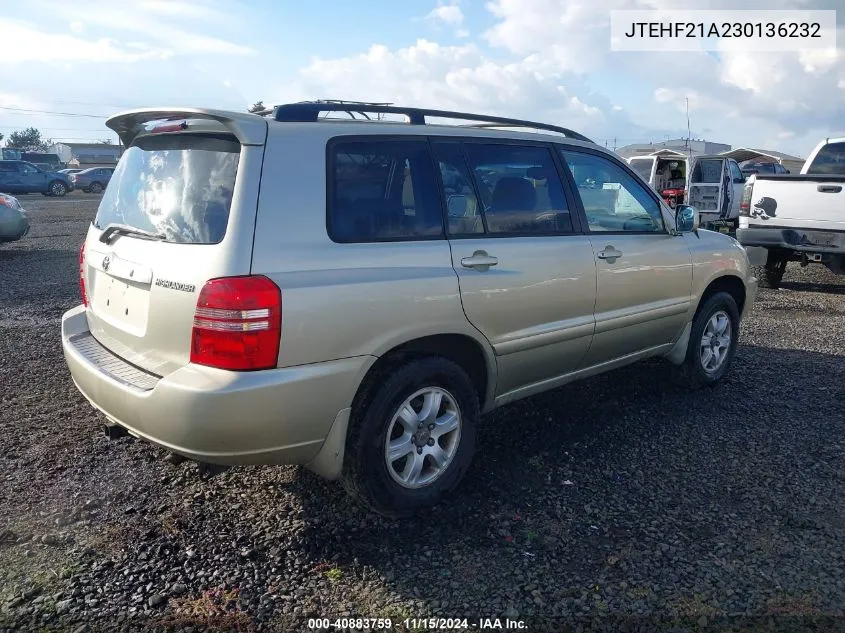 2003 Toyota Highlander V6 VIN: JTEHF21A230136232 Lot: 40883759