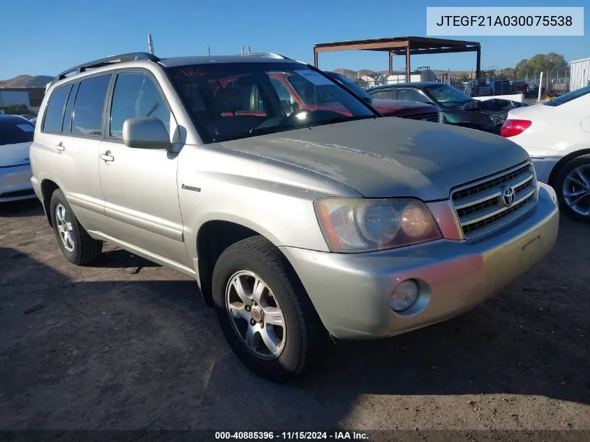 2003 Toyota Highlander Limited V6 VIN: JTEGF21A030075538 Lot: 40885396