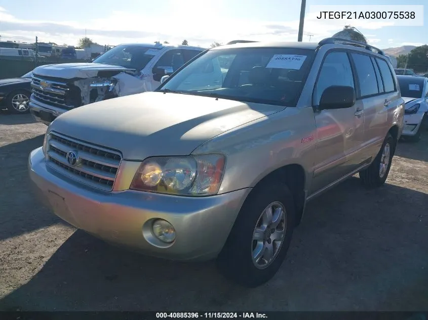 2003 Toyota Highlander Limited V6 VIN: JTEGF21A030075538 Lot: 40885396