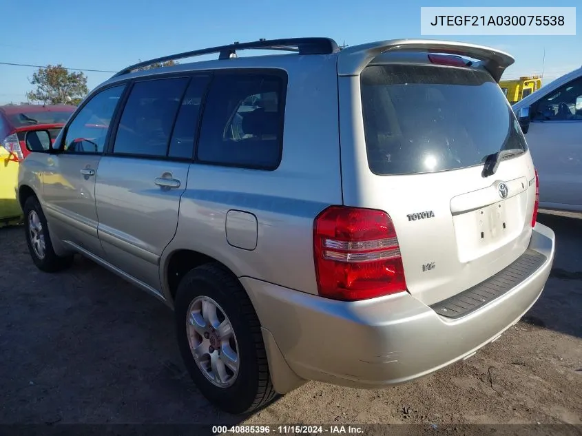 2003 Toyota Highlander Limited V6 VIN: JTEGF21A030075538 Lot: 40885396