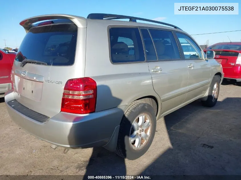 2003 Toyota Highlander Limited V6 VIN: JTEGF21A030075538 Lot: 40885396