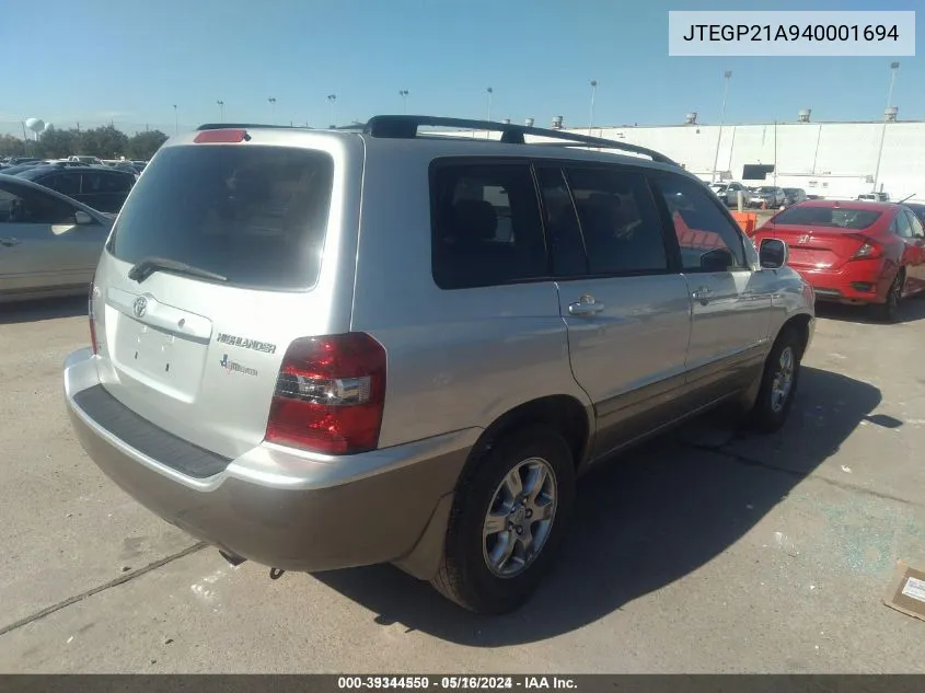 2004 Toyota Highlander Limited V6/V6 VIN: JTEGP21A940001694 Lot: 39344550