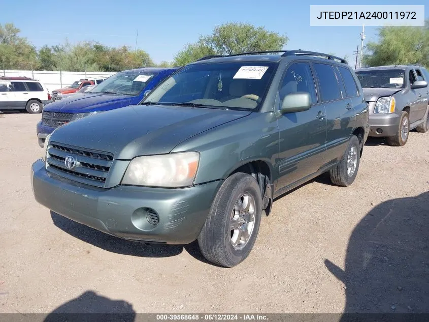 2004 Toyota Highlander V6 VIN: JTEDP21A240011972 Lot: 39568648