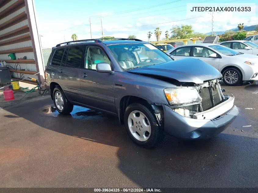 2004 Toyota Highlander Limited V6/V6 VIN: JTEDP21AX40016353 Lot: 39634325