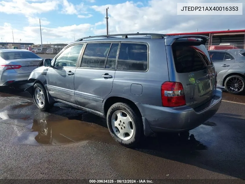 2004 Toyota Highlander Limited V6/V6 VIN: JTEDP21AX40016353 Lot: 39634325