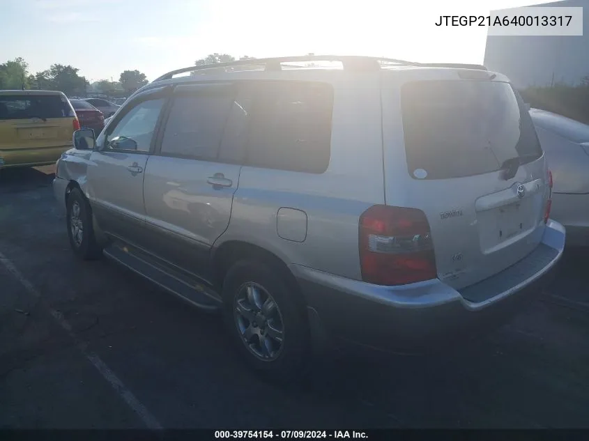 2004 Toyota Highlander V6 VIN: JTEGP21A640013317 Lot: 39754154