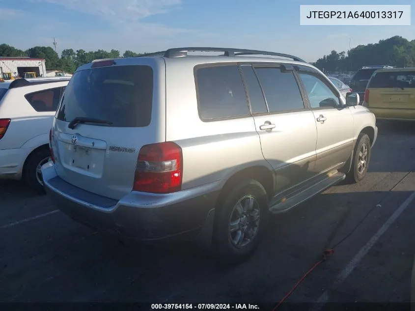 2004 Toyota Highlander V6 VIN: JTEGP21A640013317 Lot: 39754154